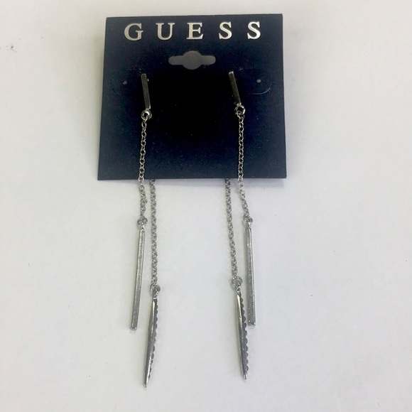 New GUESS Priscilla Linear Earrings silver tone Crystals Pierced  3.5" long - Picture 1 of 6